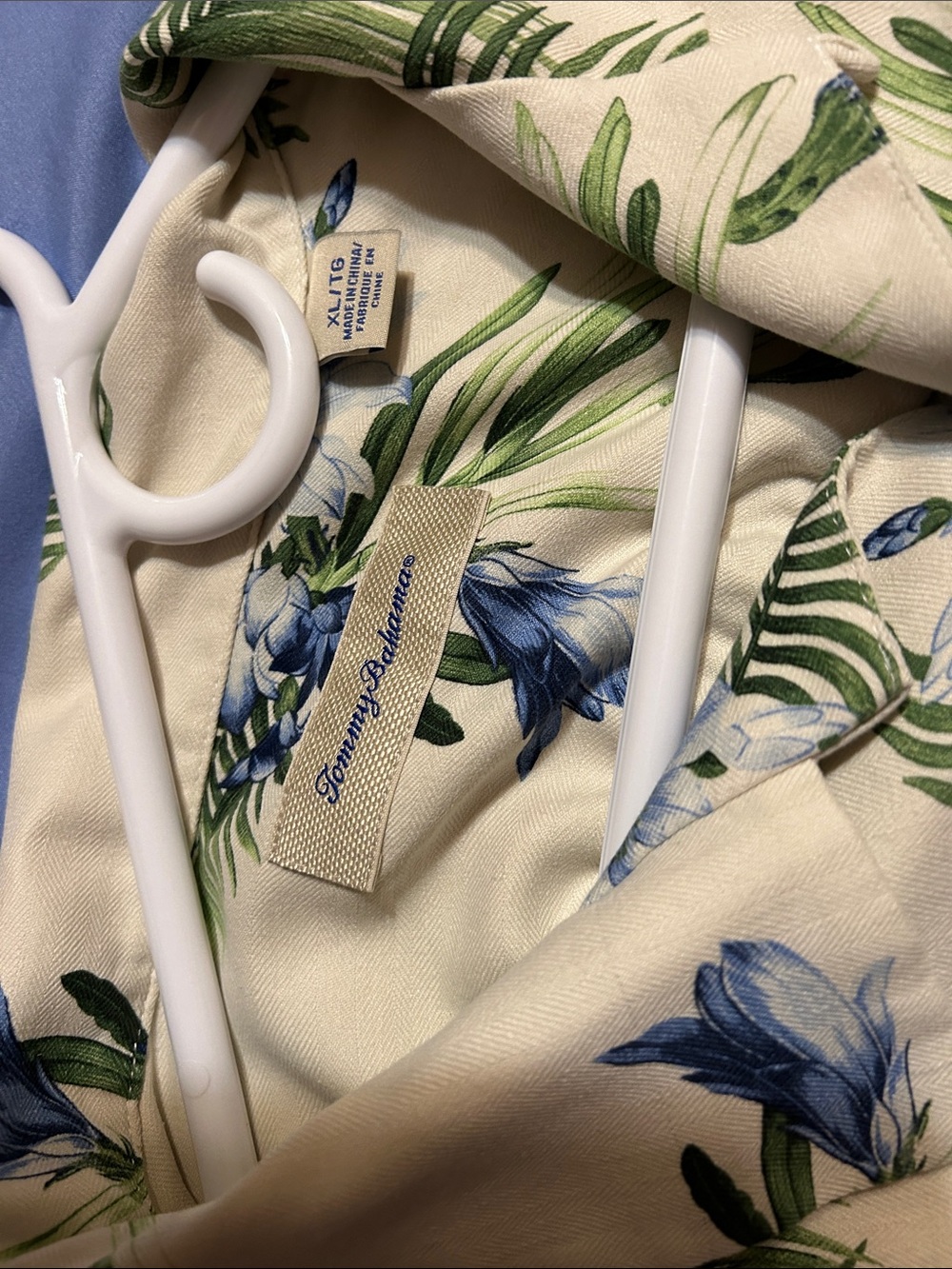 Tommy Bahama Cream Button-Down Hawaii Shirt with Blue Floral and Green Palm - Picture 2 of 2